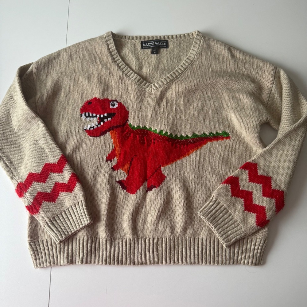 Almost Famous Red T Rex Dino Cropped Sweater Size Medium
